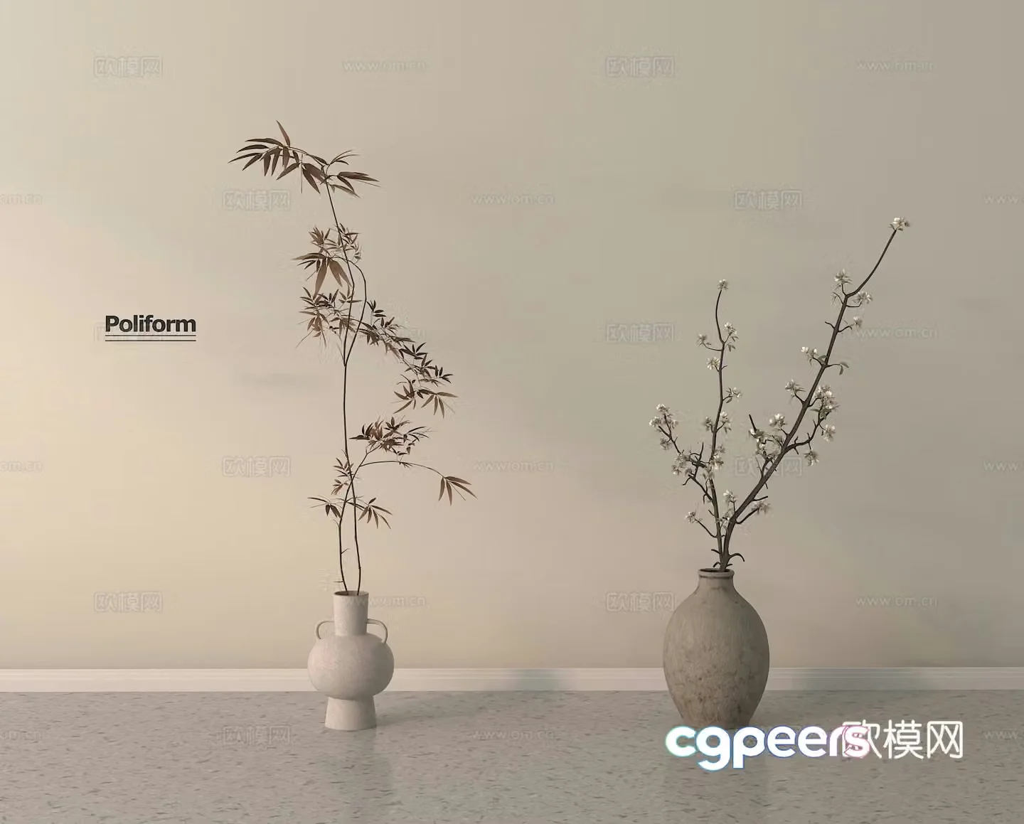 Dried branches and flower art flower art vase clay jar 3d model