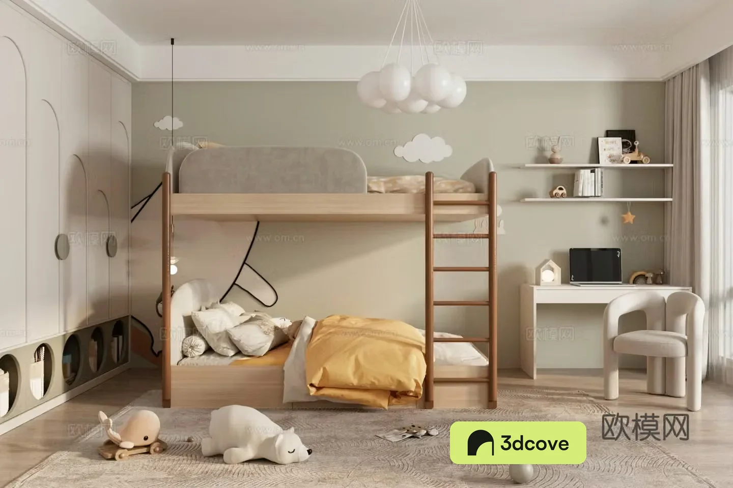 Modern universal children’s room Children’s room Bed and bottom bed Study table and chair combination Storage rack