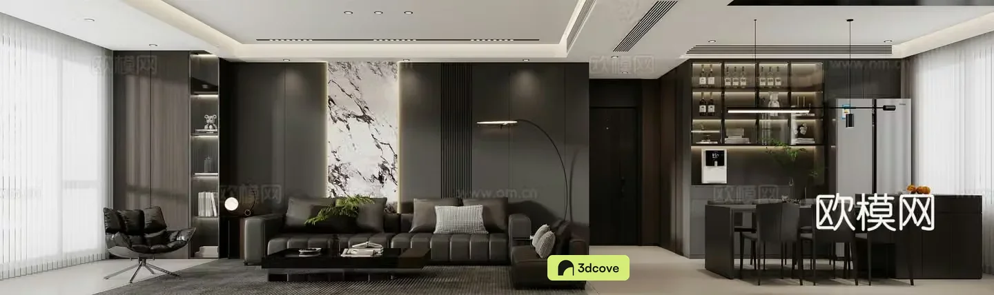 Black white and gray living and dining room