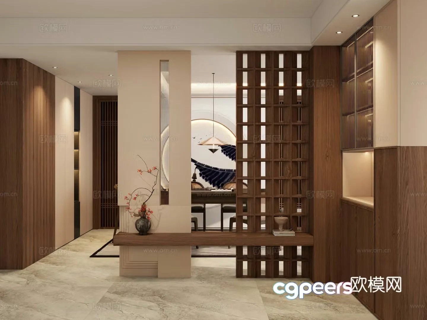 New Chinese style medieval style solid wood shape partition Scarpa stacked moon door entrance partition 3D model