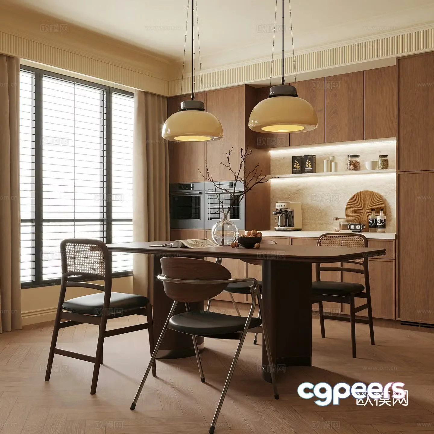 Middle-aged restaurant wine cabinet dining table and chair combination 3D model