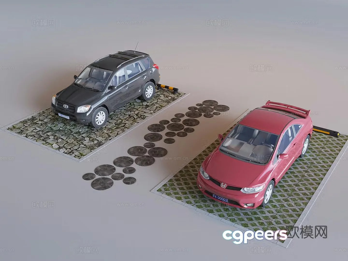 Outdoor public parking space grass-planted permeable brick parking space car motor vehicle 3D model