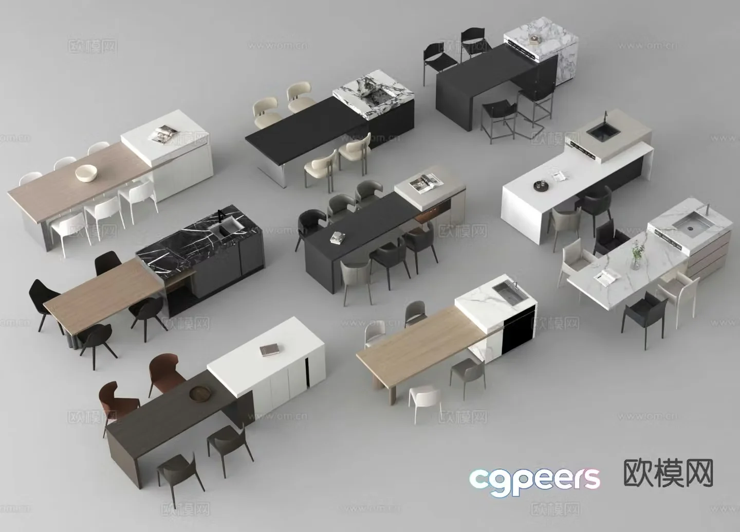Modern island table dining table and chairs 3d model