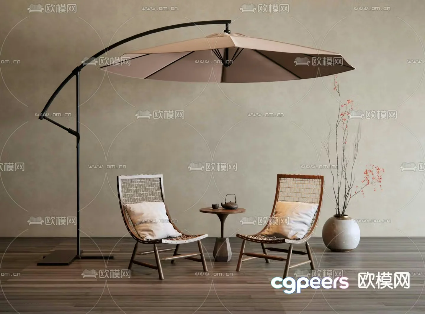 Rattan outdoor chair parasol 3d model