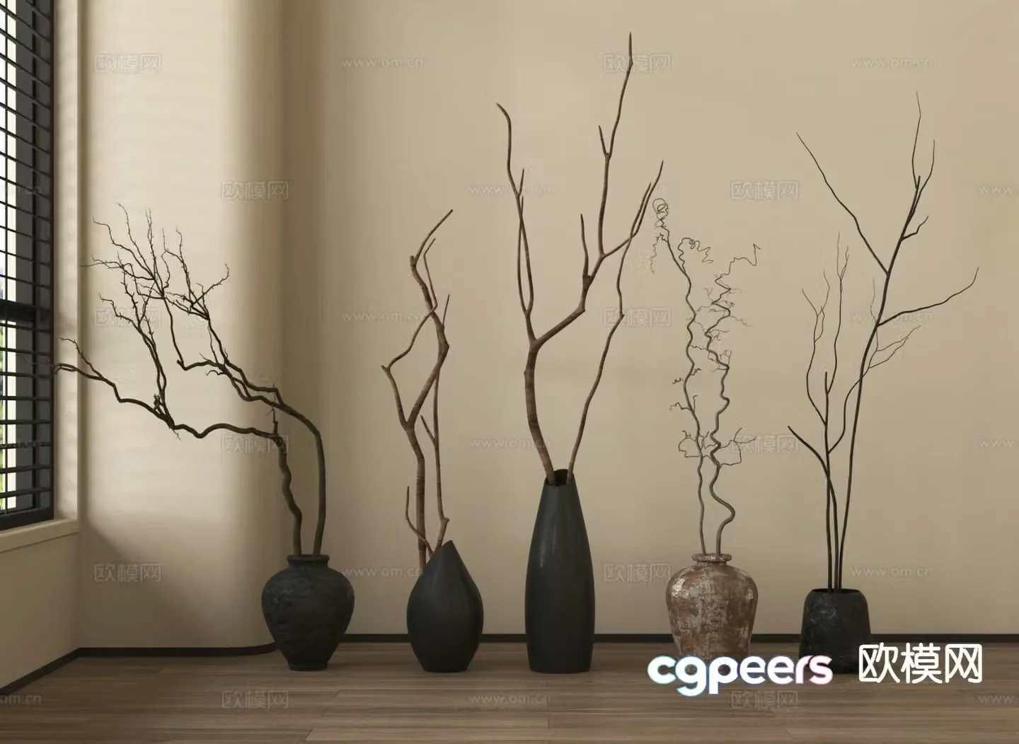 Wabi-sabi pottery vase floral arrangement dried branches 3d model