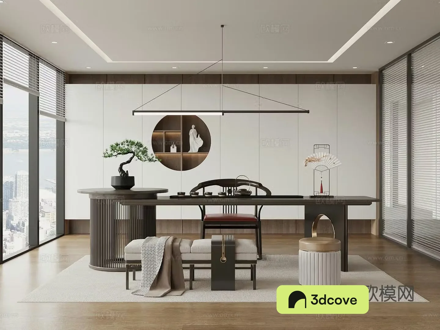 New Chinese-style tea room tea table and chair tea room cabinet tea set potted plant office tea room