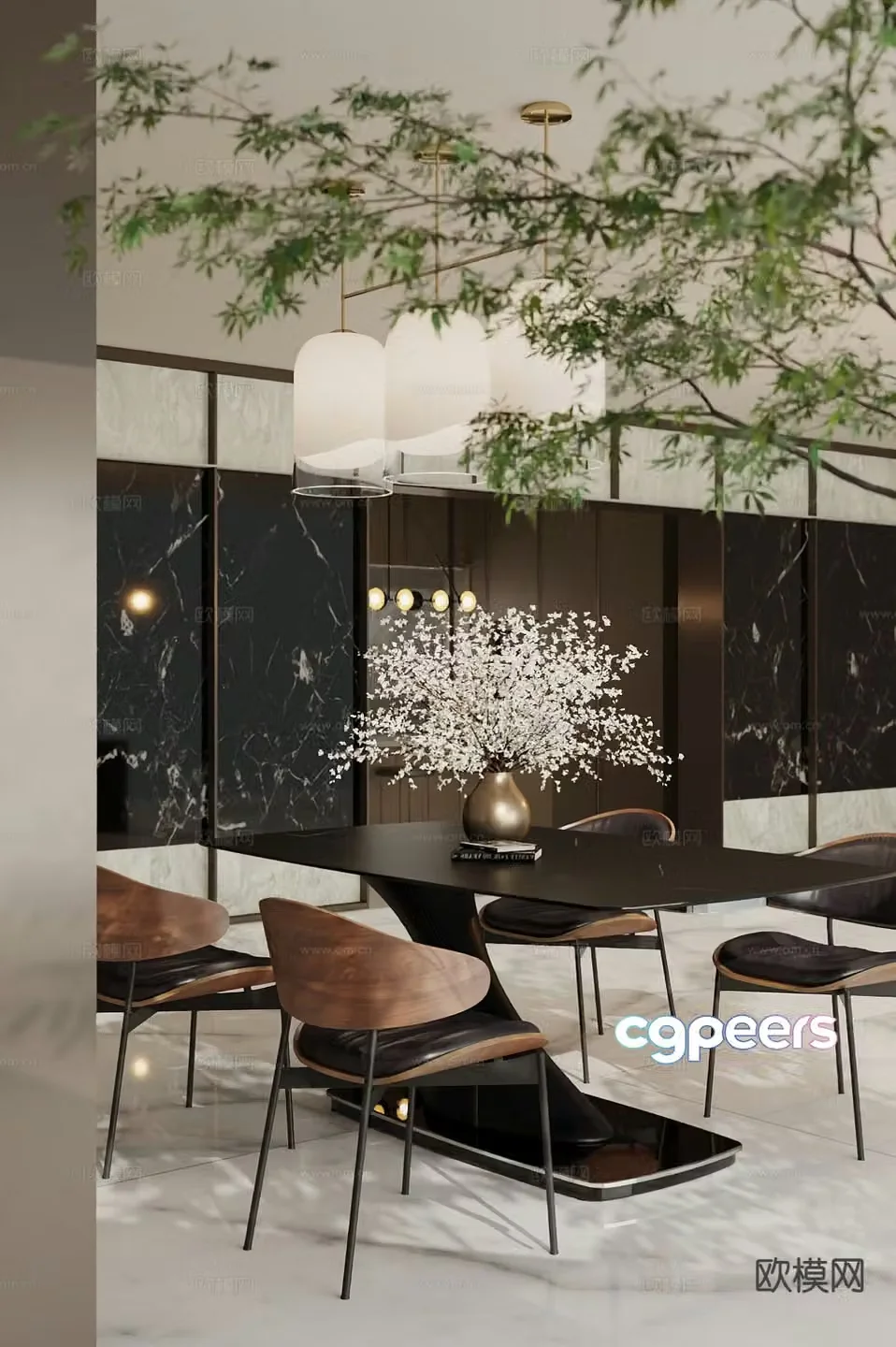Modern dining table and chairs strip dining table 3d model