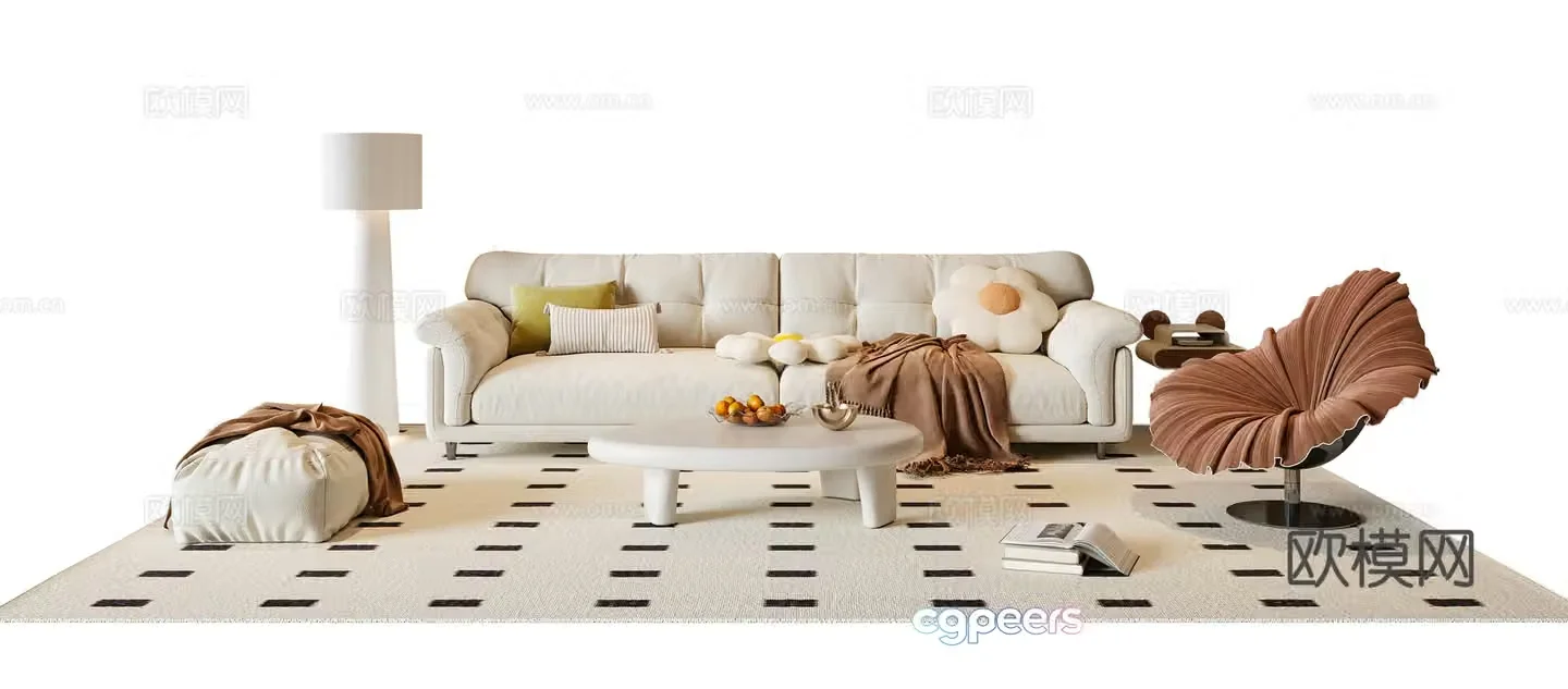 Modern cream style sofa coffee table combination fabric sofa multi-person sofa casual sofa floor lamp 3d model