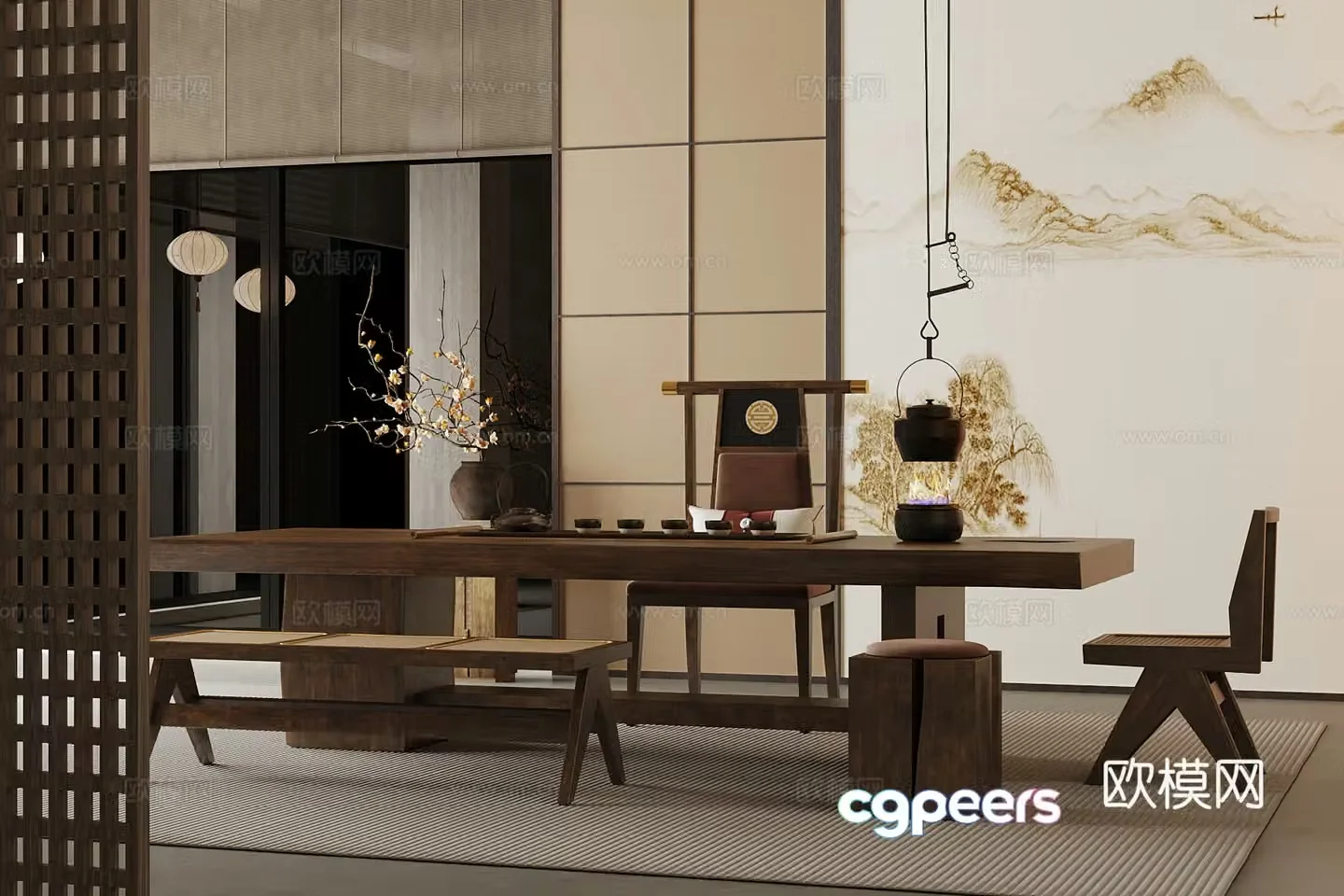 New Chinese-style tea room dining table and chairs vase 3d model