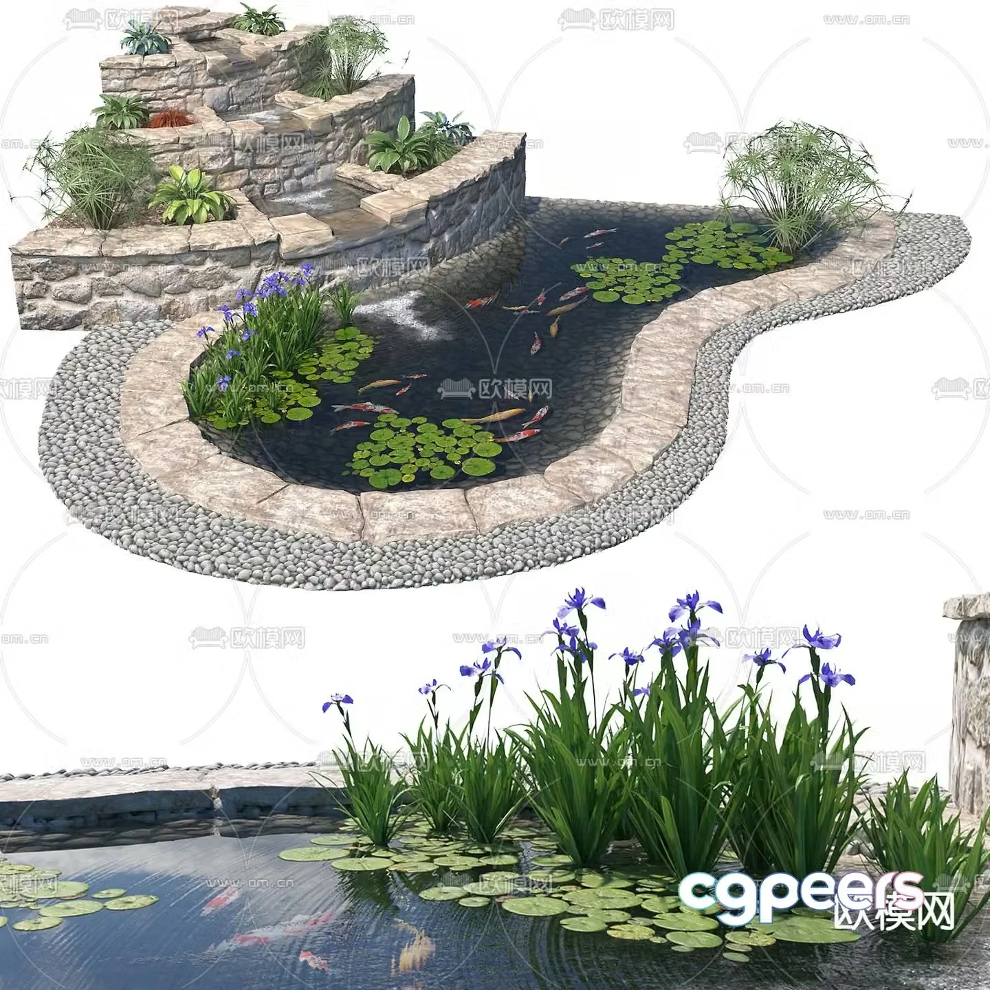 Fish pond waterscape mountain rock landscape 3d model