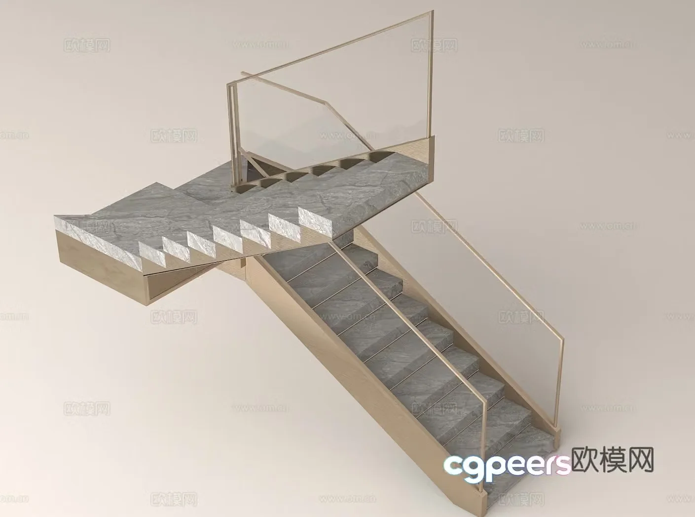 Modern staircase design Marble steps Metal border guardrail High-end residential design 3D model