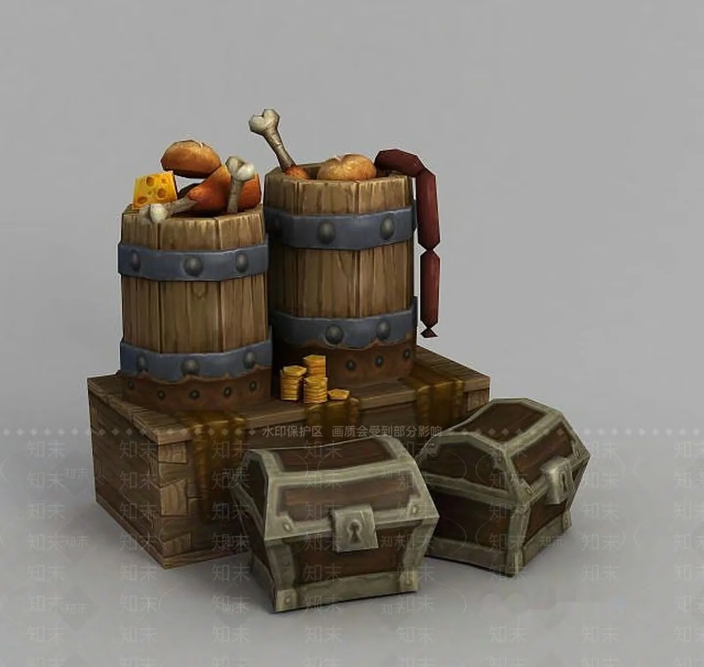Stack Of Treasure Chests And Barrels 3D Model – 17427 – VRAY Render