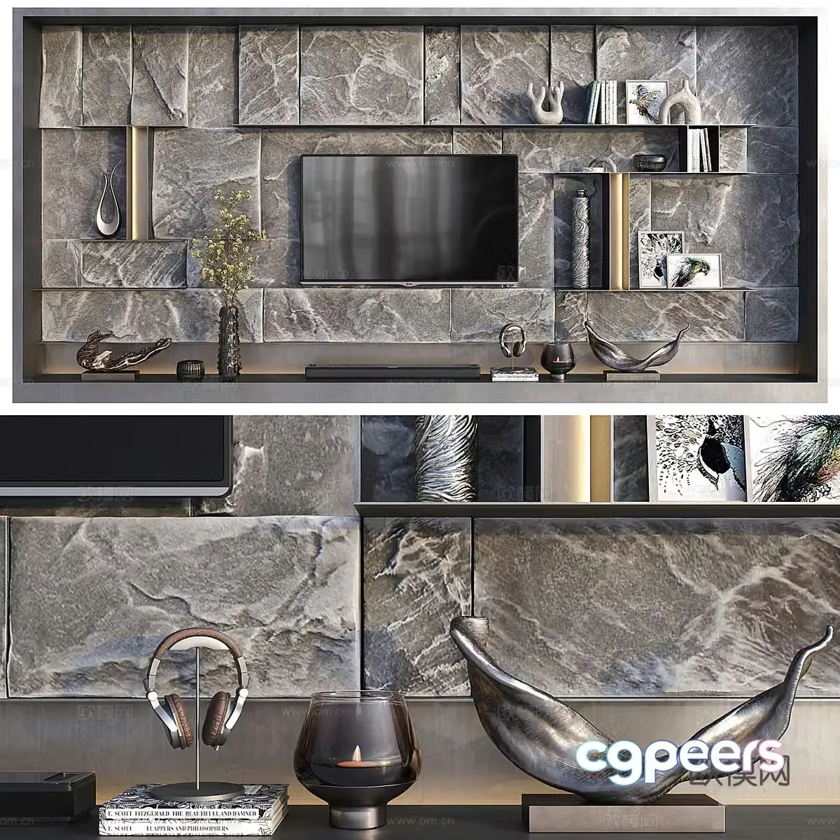 Modern Italian wool stone TV background wall 3d model