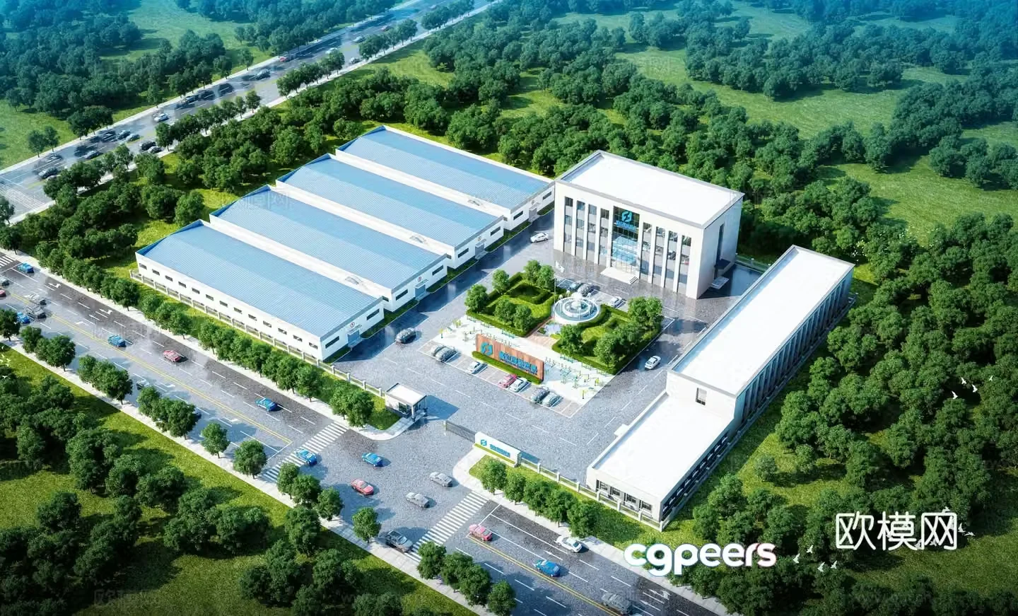 Aerial view 3d model of modern factory building