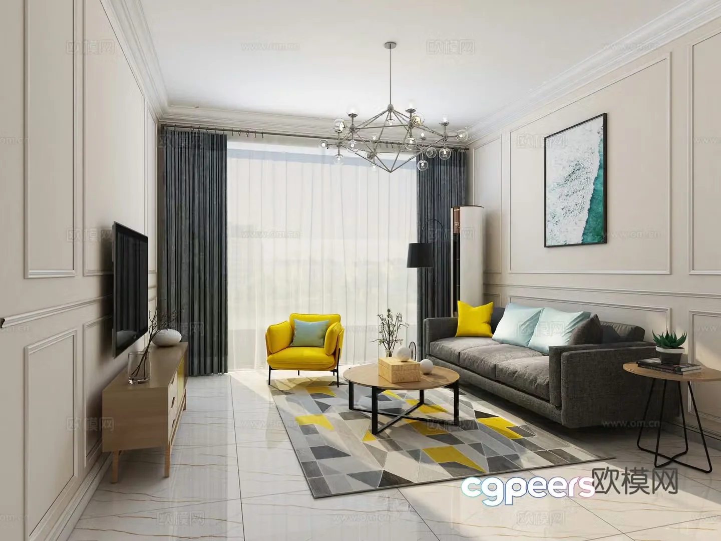 Nordic modern Nordic living room dining room fabric sofa gypsum line entry door dining table chair 3d model