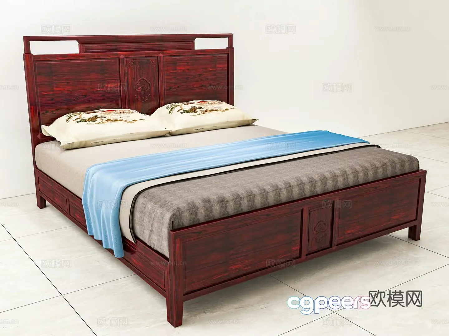 New Chinese style low body bed double bed carved bedside solid wood mahogany 3D model