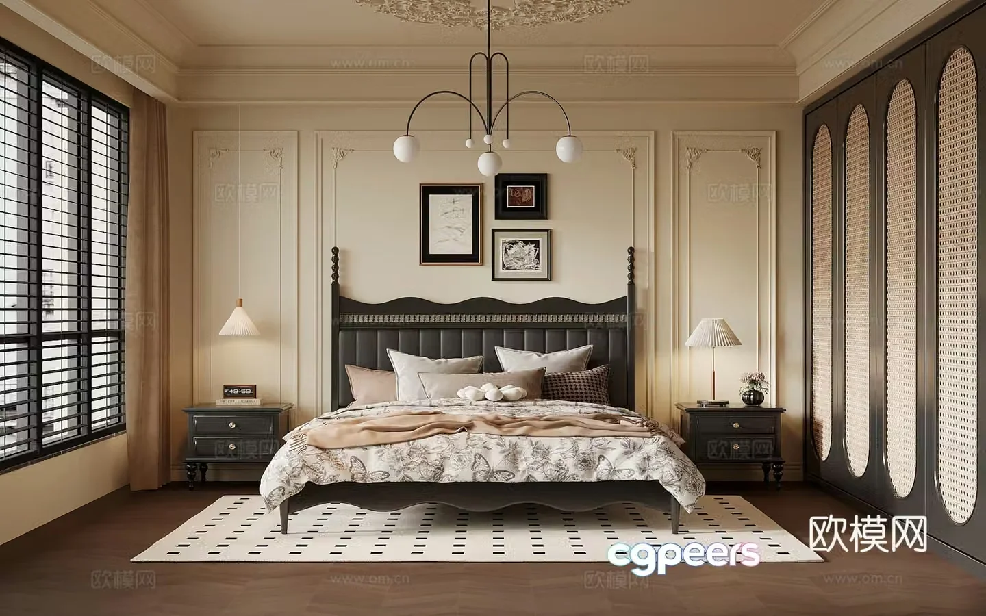 French retro style bedroom wardrobe bedding combination double bed 3d model