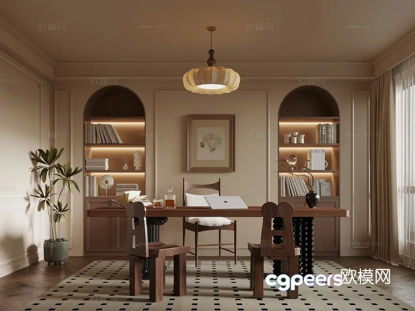 Middle-aged study room desk chair chandeliers bookcase 3d model