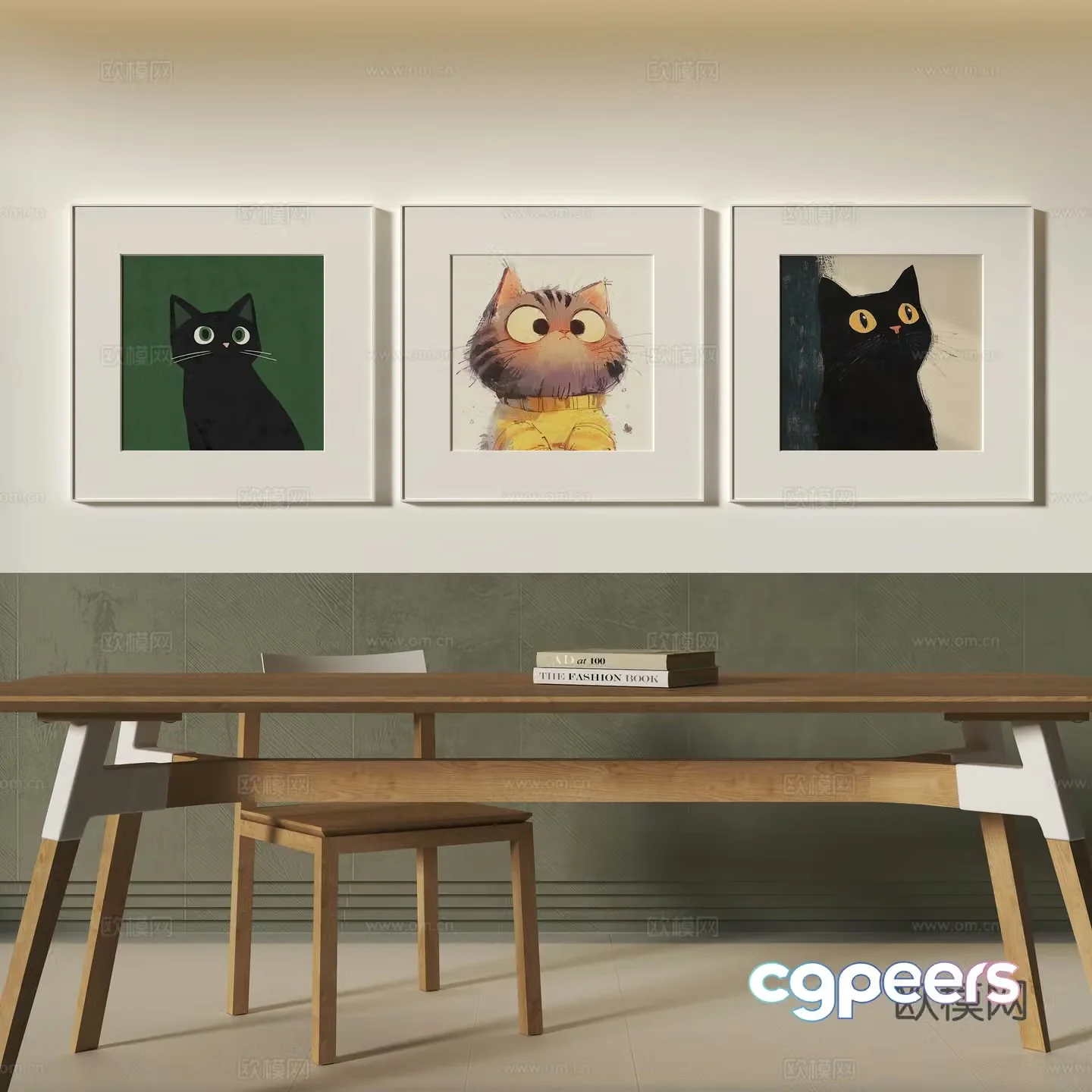 Modern study desk and chair animal decoration hanging painting 3d model