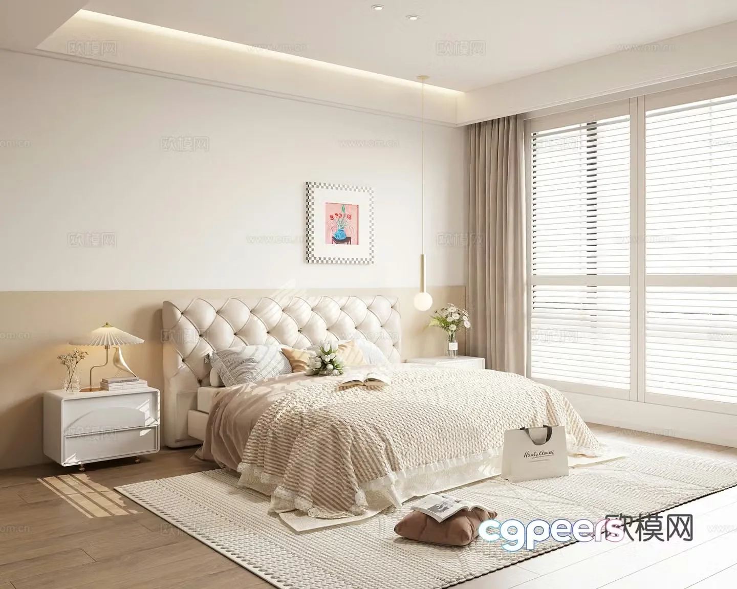 French creamy bedroom master bedroom second bedroom double bed 3D model