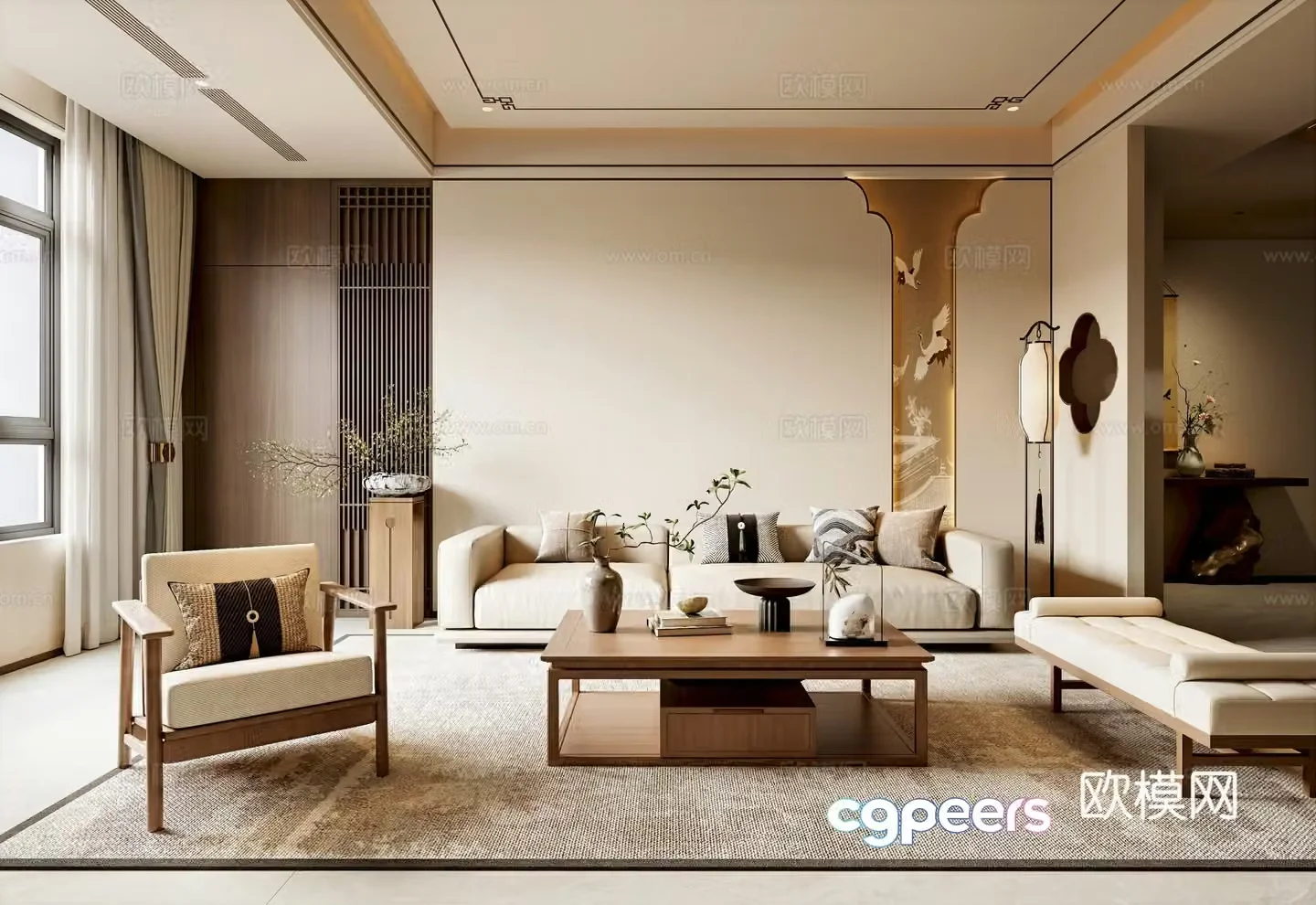 New Chinese Song style living room sofa background wall sofa coffee table combination partition 3D model