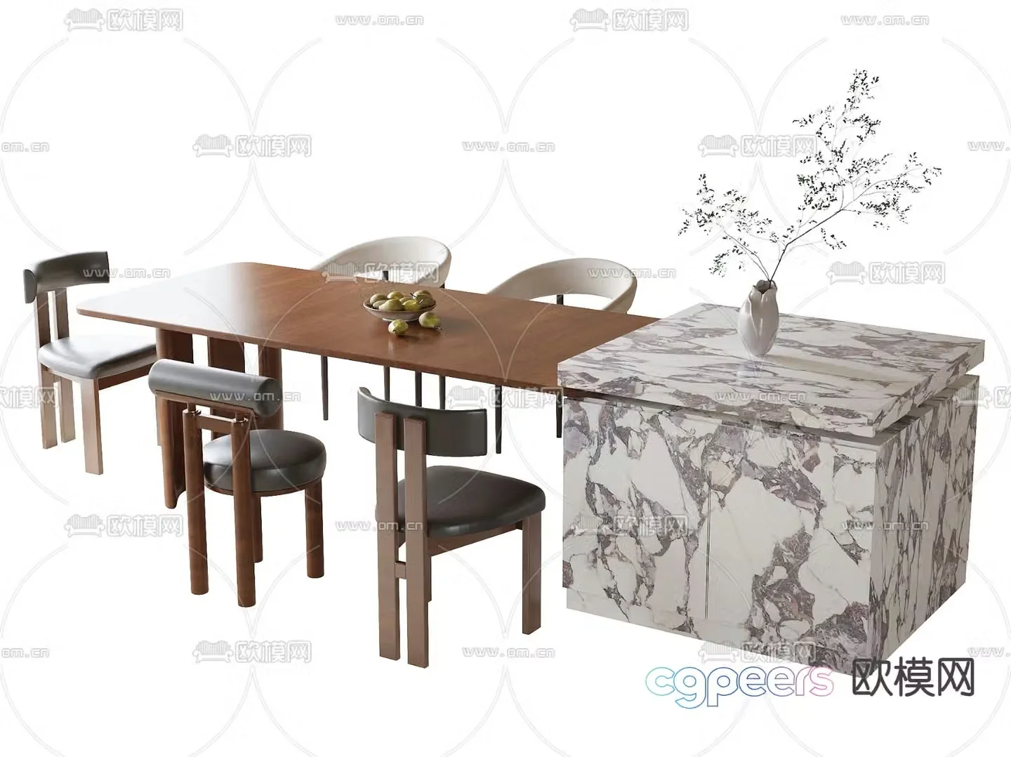 Medieval style island dining table and chairs 3D model