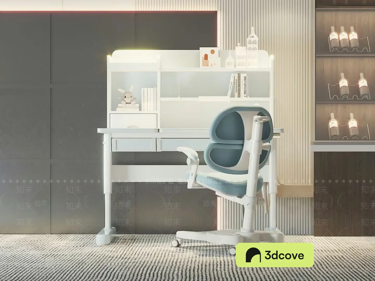 A White Desk With A Blue Chair