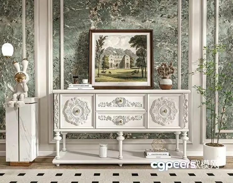A White Sideboard With Gold Accents 3D Model – 1530 – VRAY Render