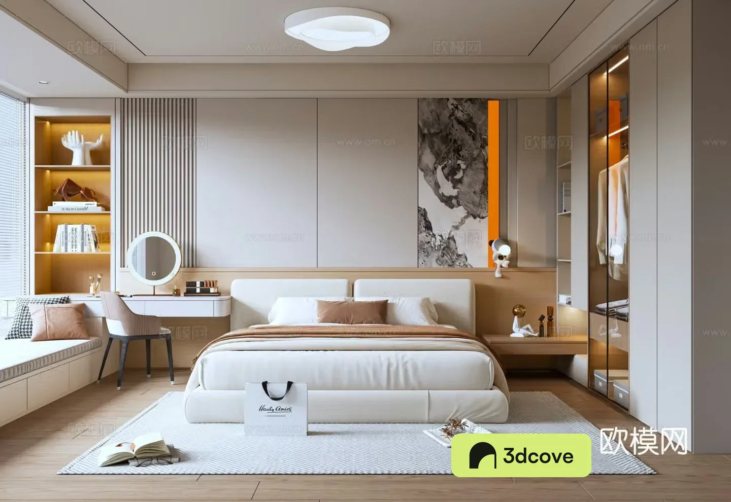 Modern minimalist home bedroom double bed makeup table wardrobe ceiling light background wall bay window