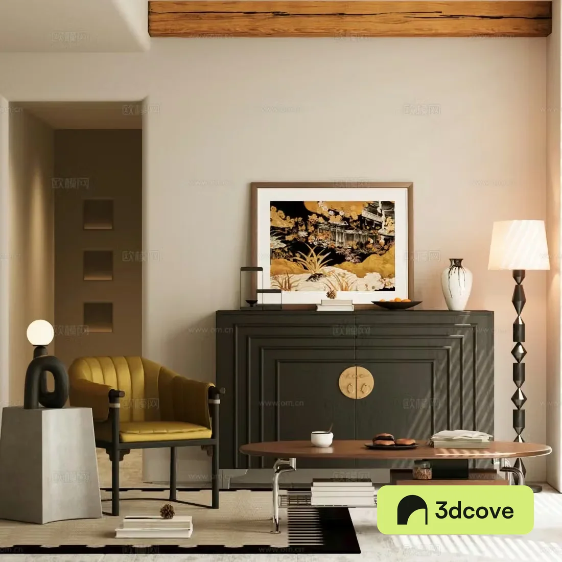 Middle-aged style entrance cabinet end view cabinet leisure chair coffee table 3D model