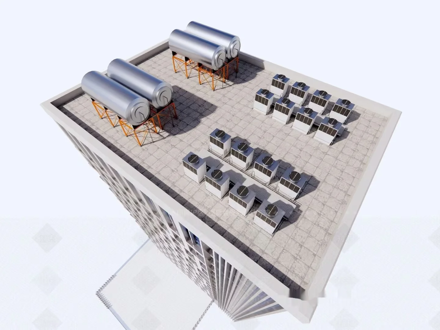 A Rooftop With Water Tanks And Air Conditioning Units 3D Model – 16609 – VRAY Render