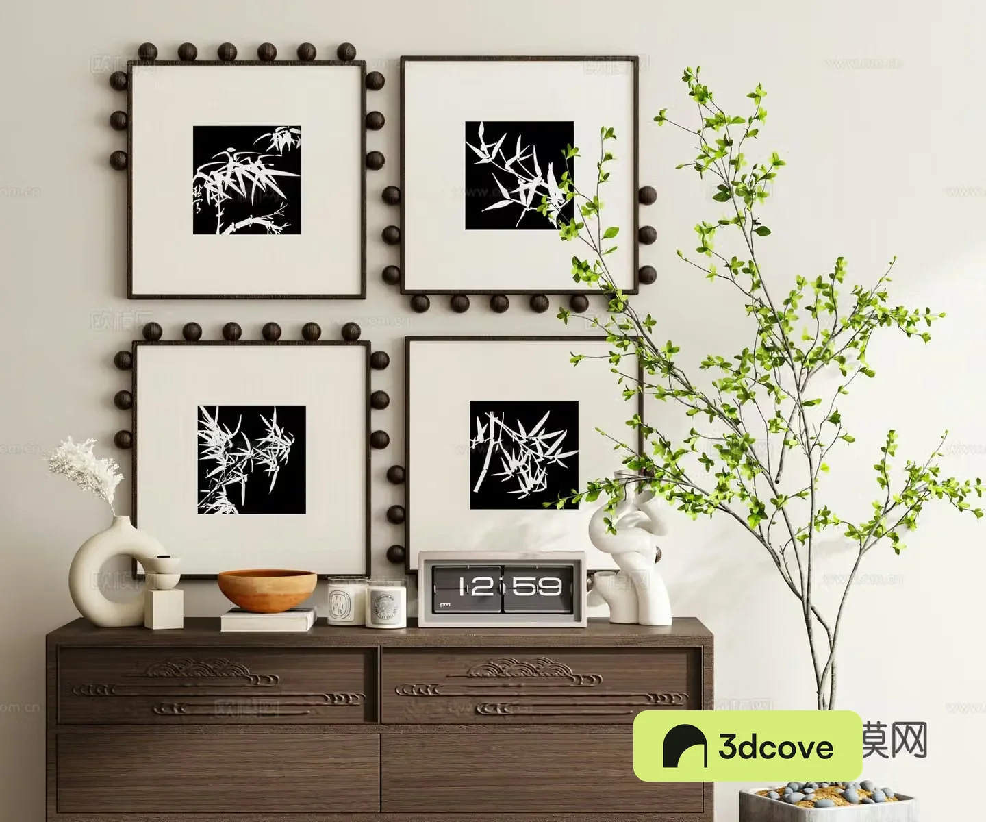 Middle-aged style combination painting black and white hanging painting bamboo hanging painting 3D model