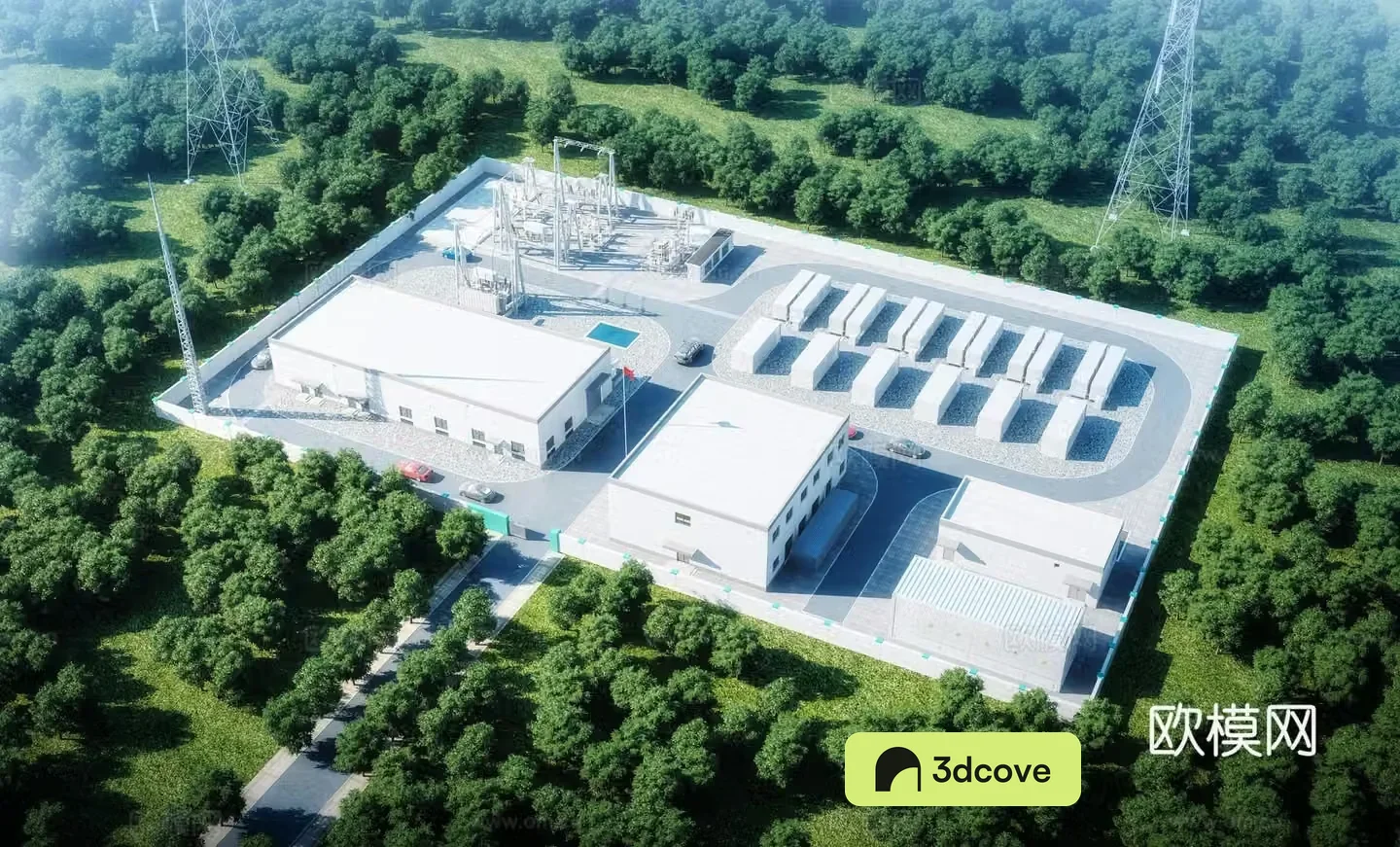 Aerial view 3d model of modern substation power plant
