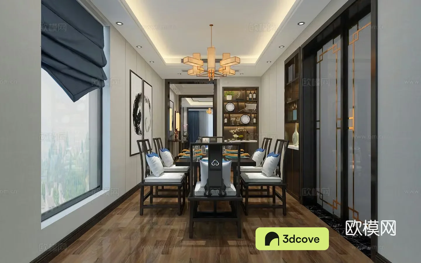 New Chinese style living and dining room sofa and coffee table dining table and chairs hanging paintings objects ornaments chandeliers