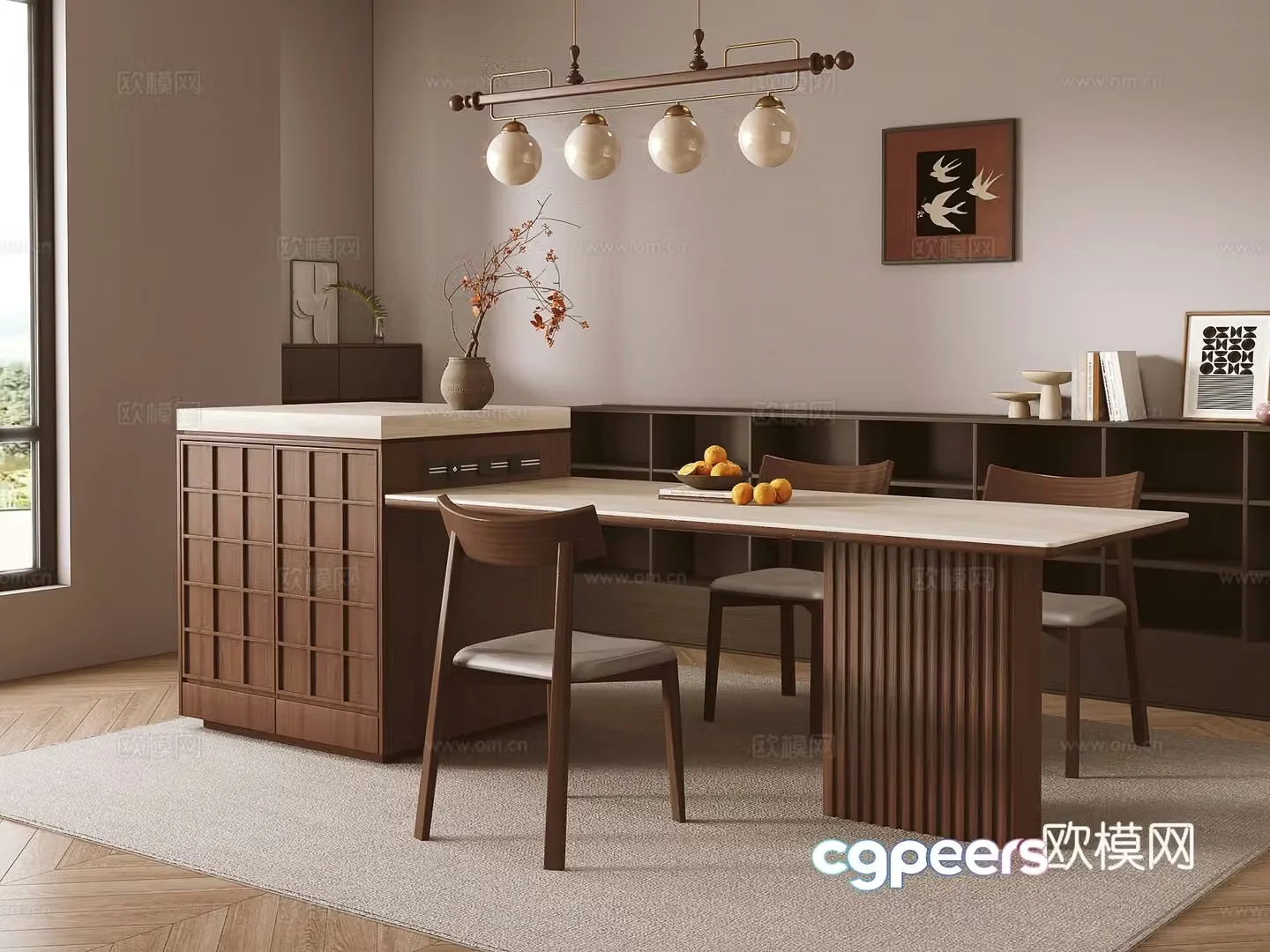 Medium style island dining table and chair 3D model