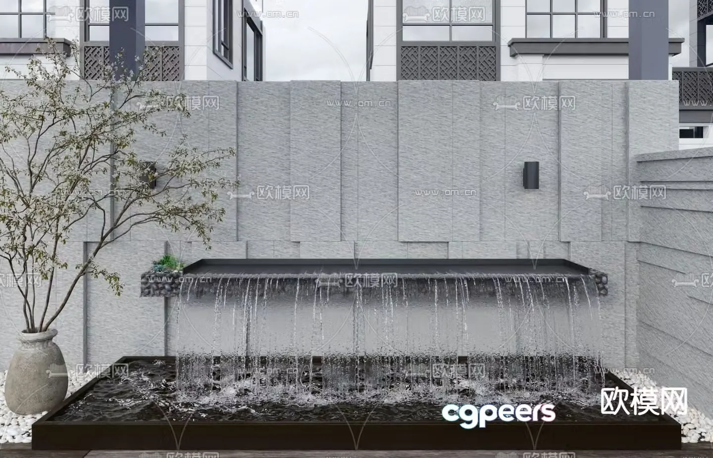 Courtyard water feature fountain flowing water waterfall 3D model