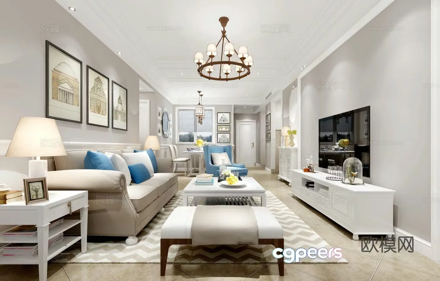Simple American living and dining table chair sofa coffee table chandeliers desktop ornaments hang paintings 3D model