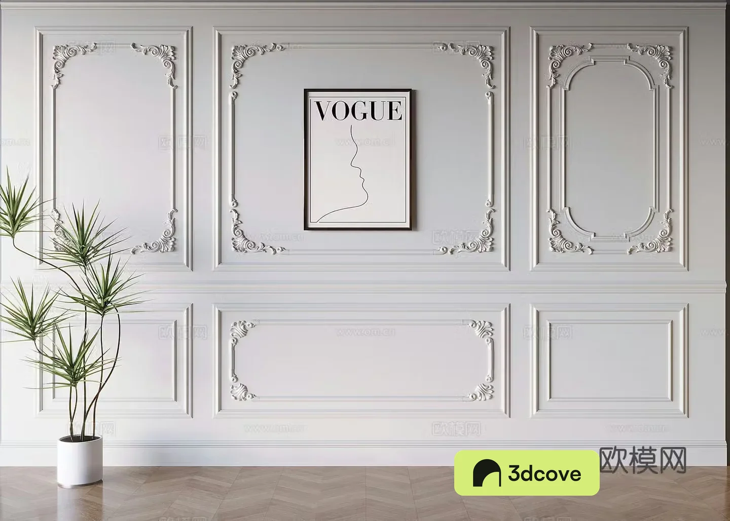 French carved plaster lines sofa background wall