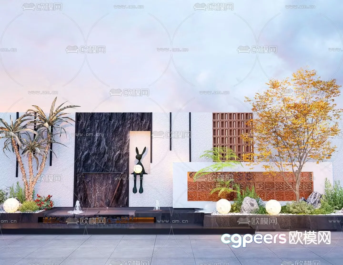 Modern courtyard landscape flowing water wall 3D model