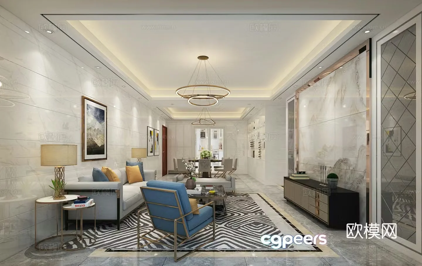 Postmodern living and dining room 3D model