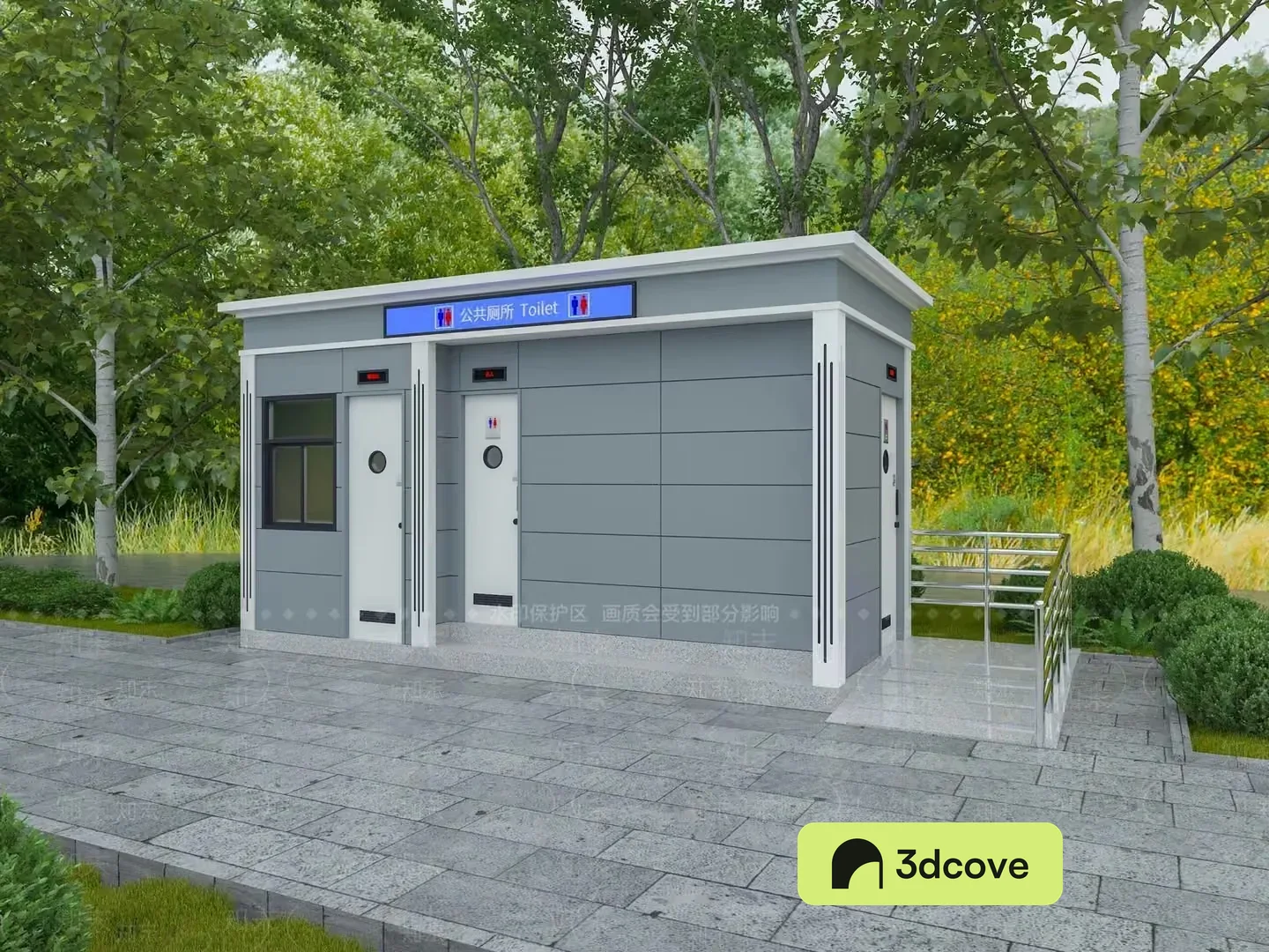 A Small Gray Building With A Sign That Reads Toilet In