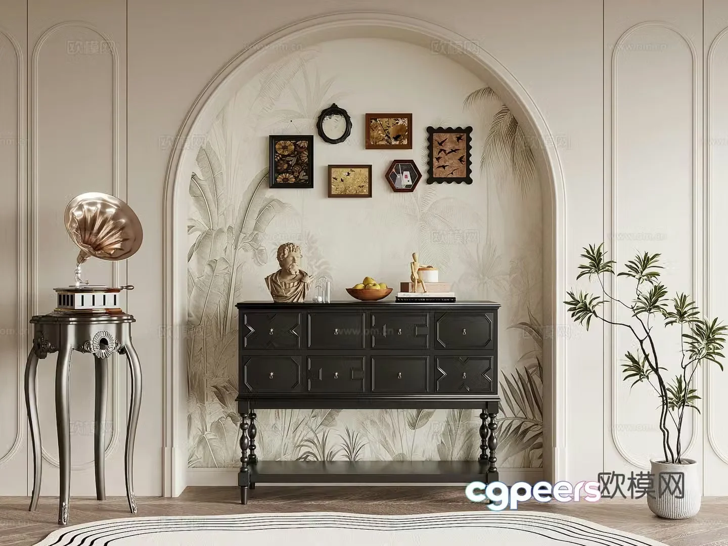 Entrance cabinet French retro style entrance cabinet decorative painting gramophone 3d model