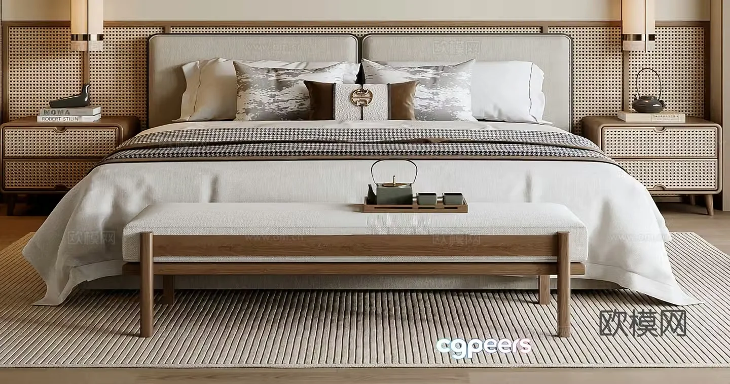 New Chinese style double bed 3D model