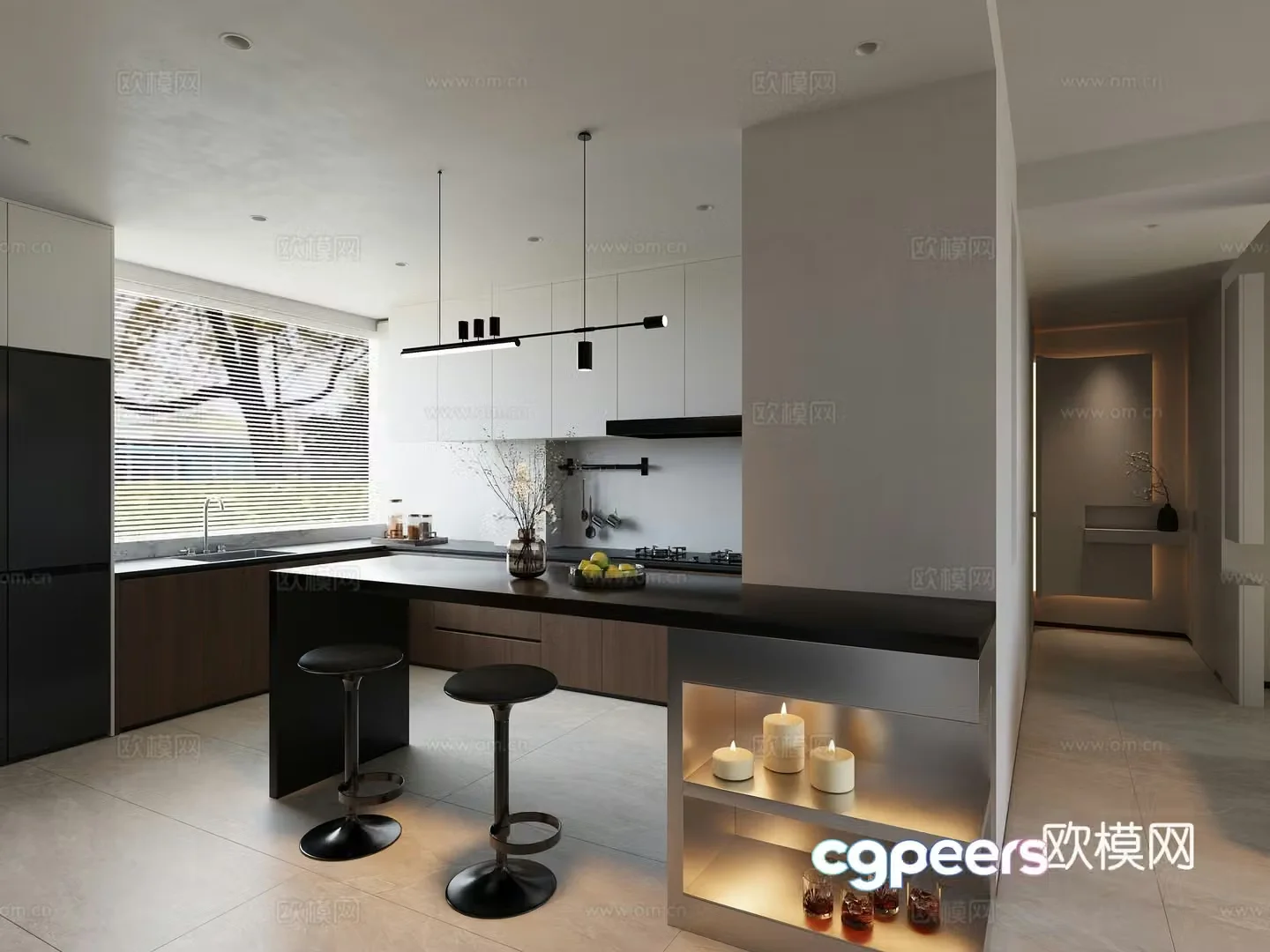 Modern log open kitchen 3d model