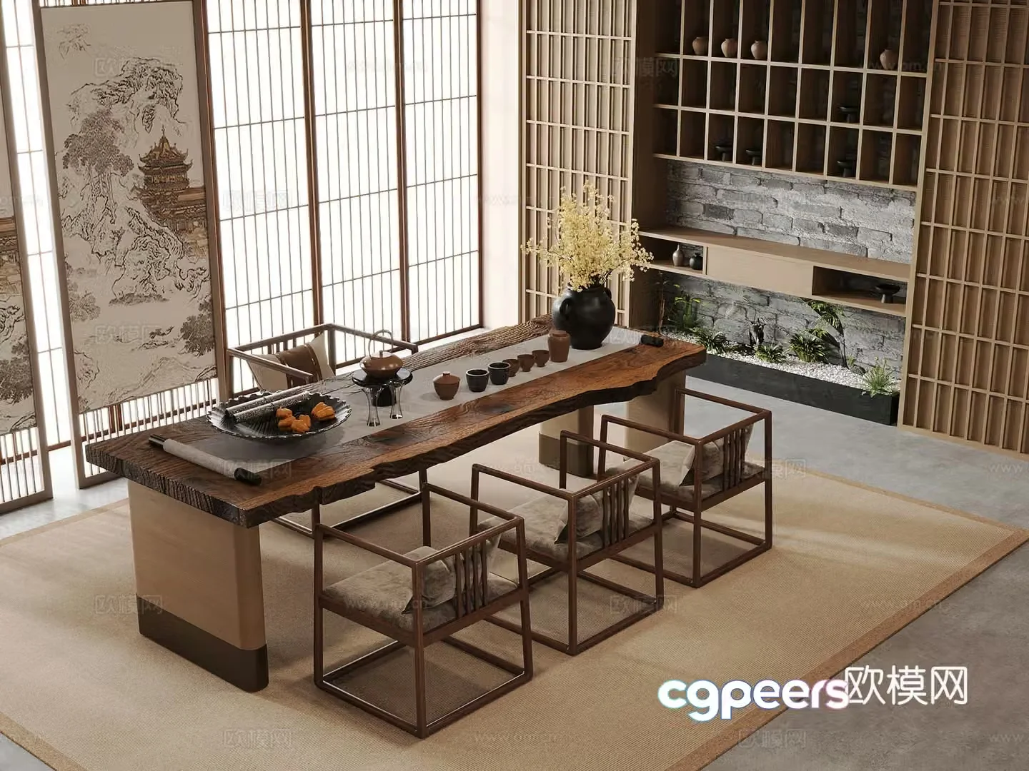 New Chinese Zen Tea Room Tea Table and Chair Combination Tea Cabinet Screen 3D Model