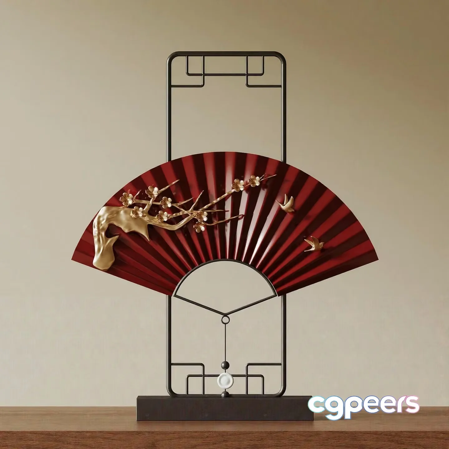 A Decorative Metal Sculpture With A Red Fan And Gold Accents 3D Model – 11694 – VRAY Render