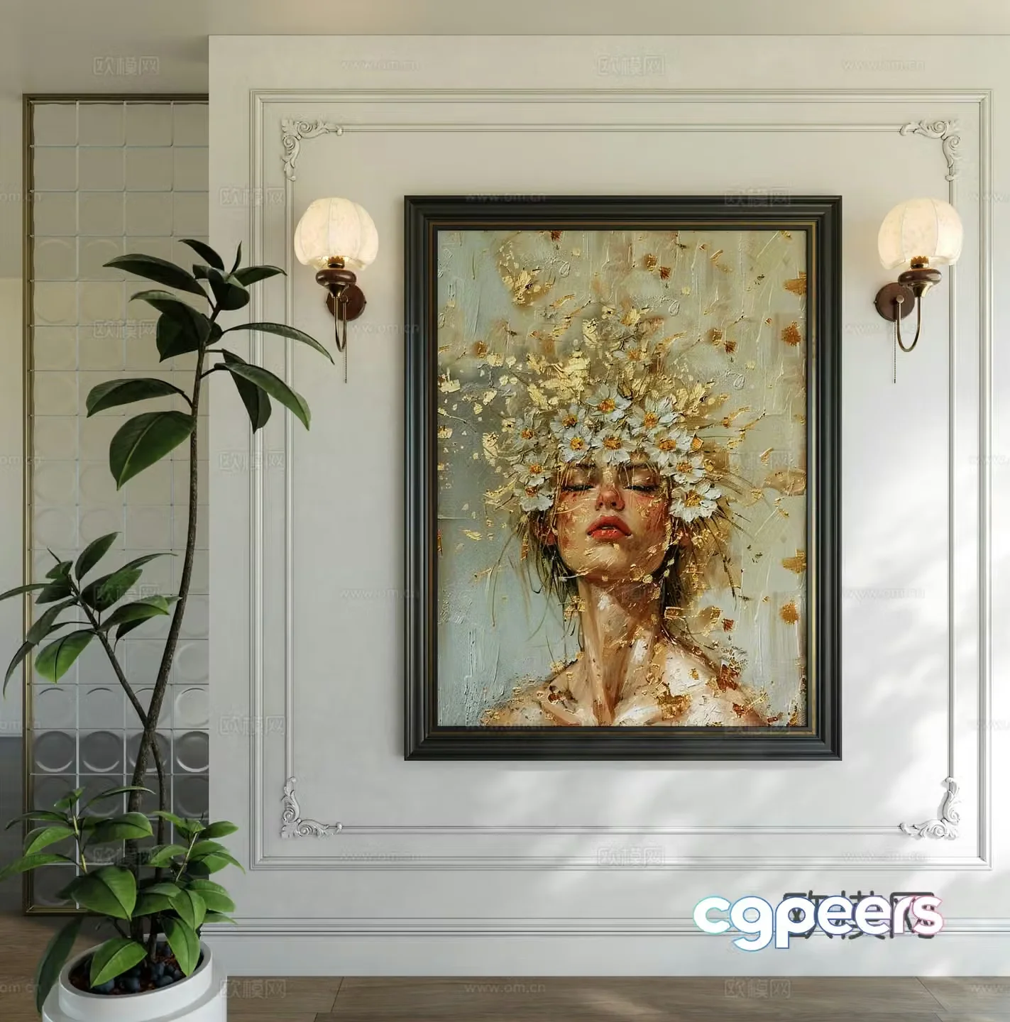 French porch figure painting French medieval style wall lamp French background wall texture master painting 3D model
