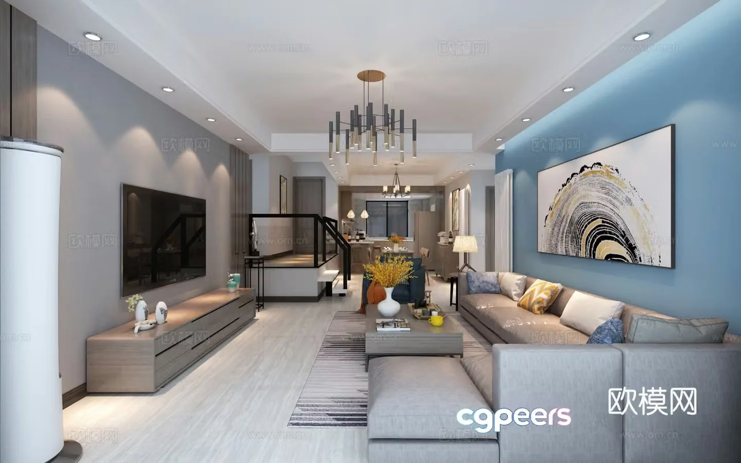 Fake duplex modern minimalist living dining kitchen sofa coffee table chandelier dining table chair TV cabinet 3d model