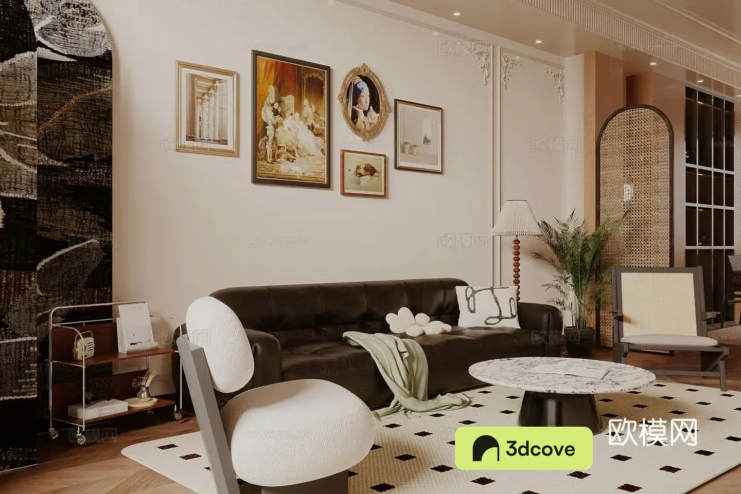 Medium style living room horizontal living room small living room sofa and coffee table combination French retro style guest 3D model