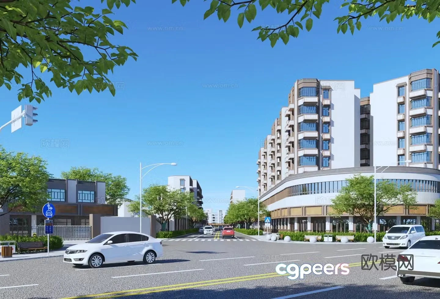 3D model of new Chinese-style commercial buildings along the street